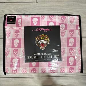 NWT Ed Hardy 6-piece Queen Brushed Sheet Set in a pink and white checkered skull